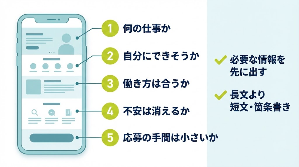 スマホの求人LPで判断される順番（何の仕事か→できそうか→働き方→不安→応募）