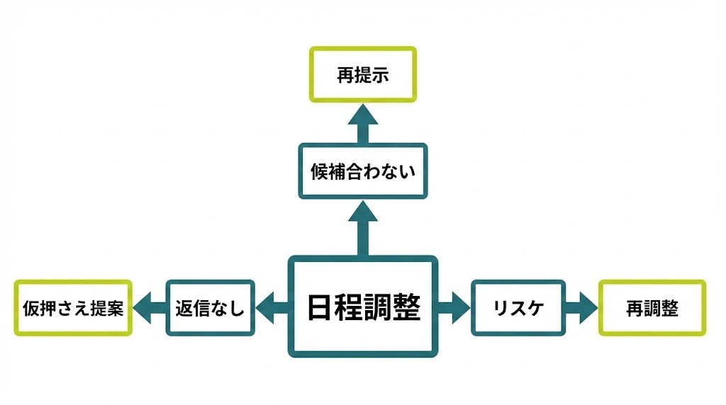 採用連絡の分岐（返信なし／候補合わない／リスケ）をテンプレで処理する図
