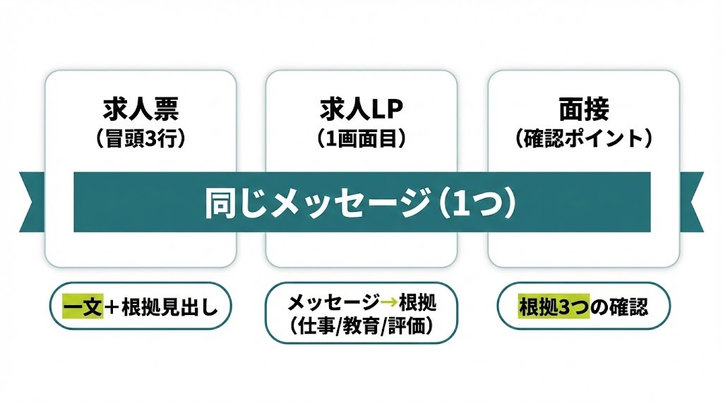 1職種1メッセージを求人票・LP・面接の3接点で一貫させる図