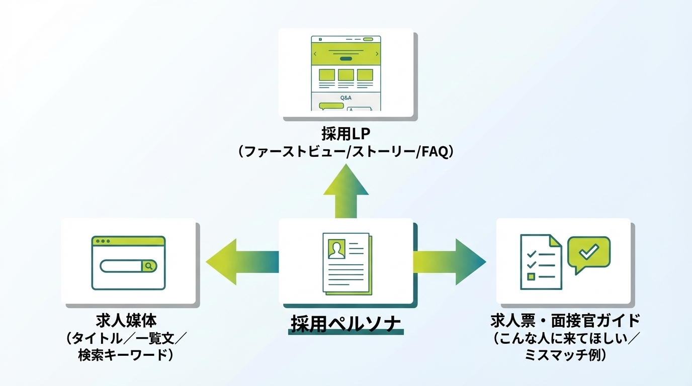 作った採用ペルソナを求人媒体・採用LP・求人票と面接で共有して使うイメージ図