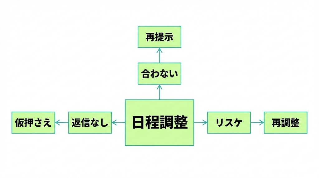 日程調整の詰まり分岐（返信なし／合わない／リスケ）をテンプレで処理する図