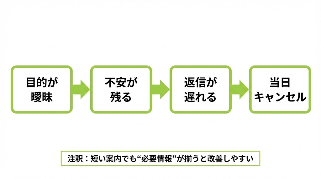 辞退が増える構造：目的が曖昧→不安が残る→返信が遅れる→当日キャンセルが起きる