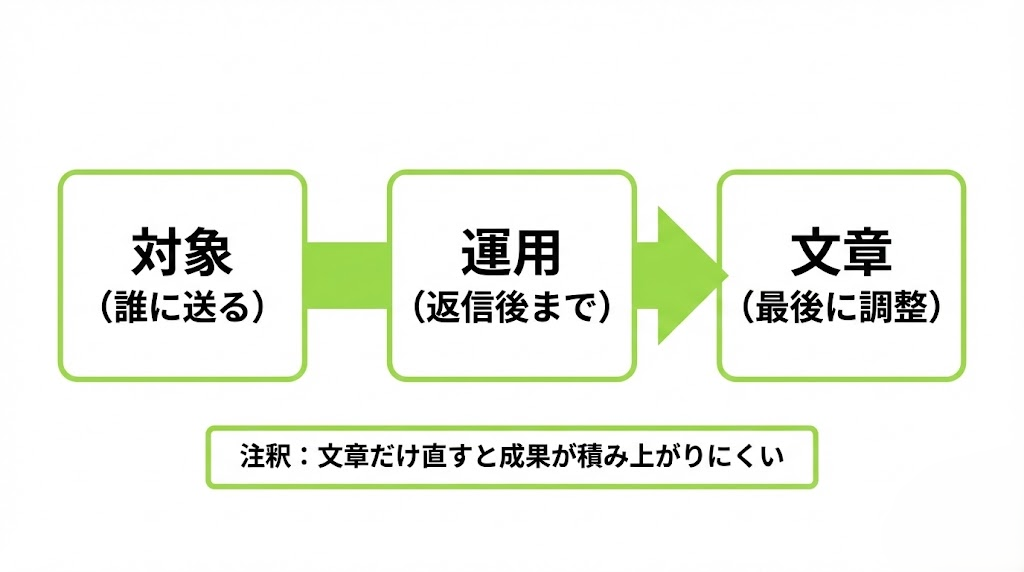 スカウト改善の順番：対象→運用→文章。文章だけ直しても成果が積み上がりにくい