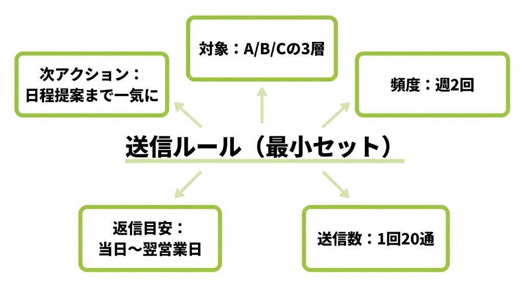 送信ルール最小セット：対象3層、送信頻度、送信数、返信SLA、次アクションの固定
