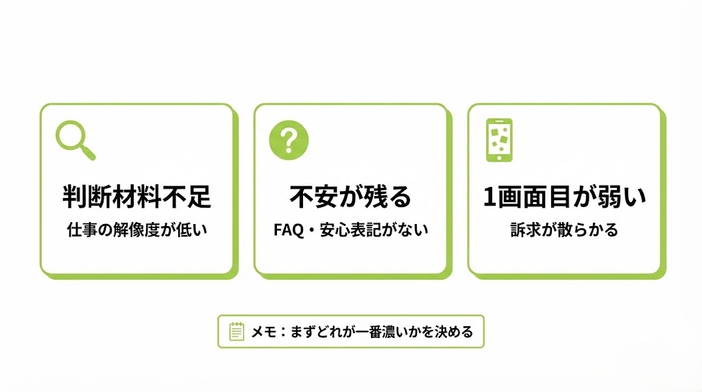 流用で落ちる3つのポイント：判断材料不足・不安放置・1画面目の訴求が散らかる