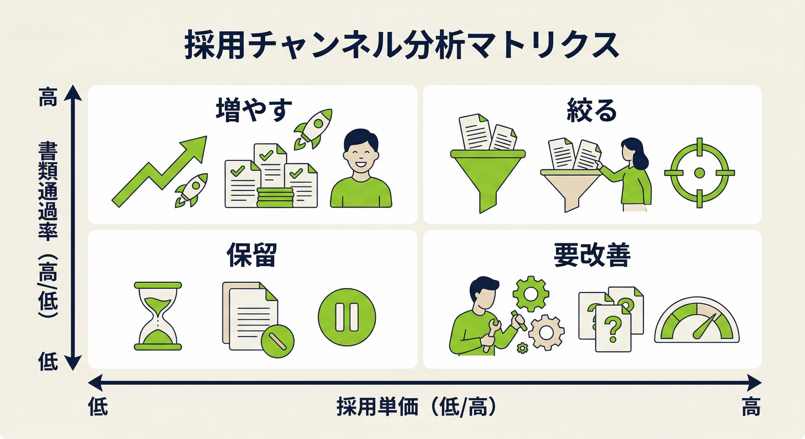 採用チャネルを増やす・絞る・保留する判断マトリクス