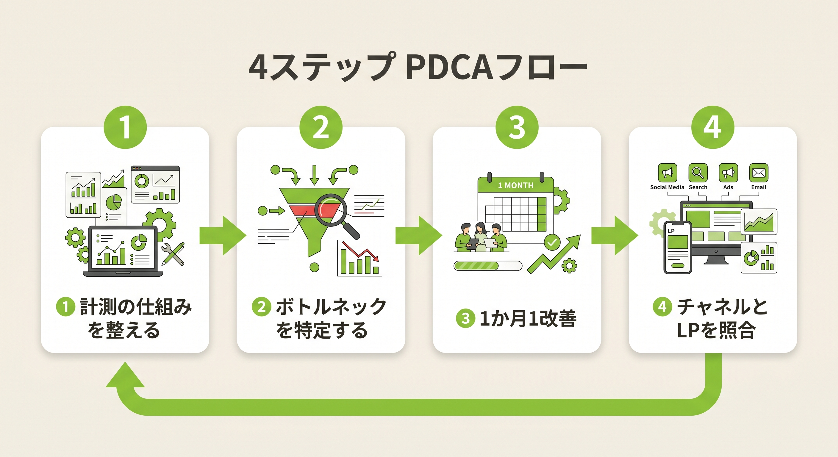 採用LP公開後の改善サイクル：計測→分析→1点改善→効果確認の4ステップ図