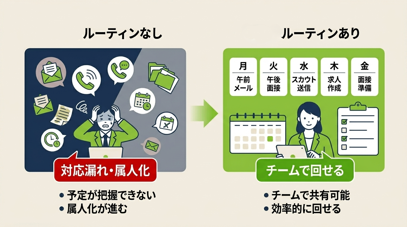 採用業務の週次ルーティンが機能している状態と機能していない状態の比較図