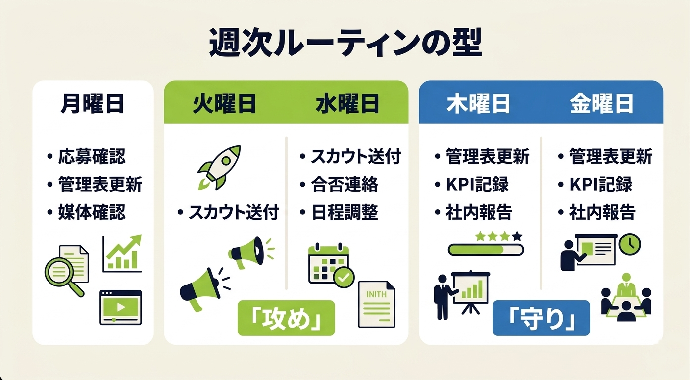 採用担当者の曜日別タスク配置の週次スケジュール図