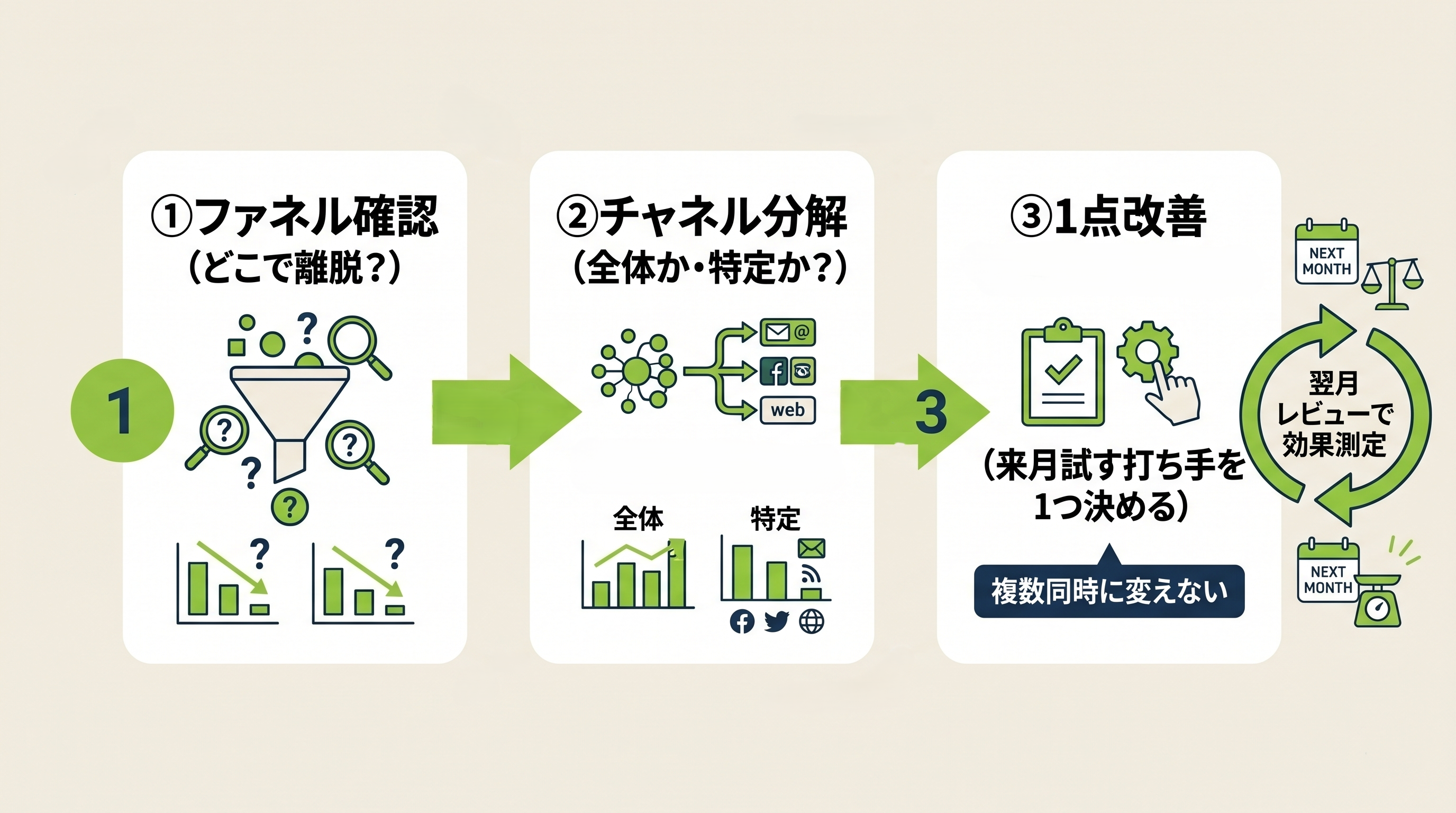 採用PDCAの3ステップ——ファネル確認→チャネル分解→1点改善の流れ図
