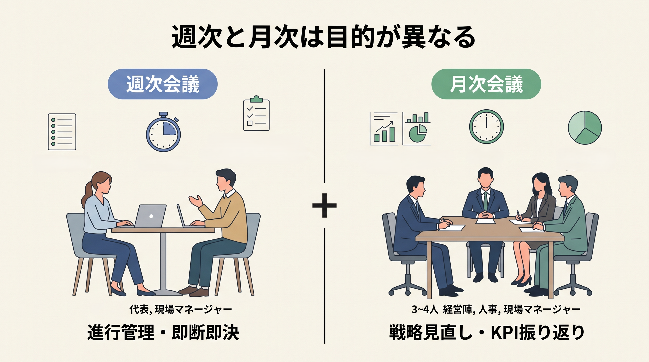 週次会議と月次会議の役割の違い:進行管理と戦略見直し